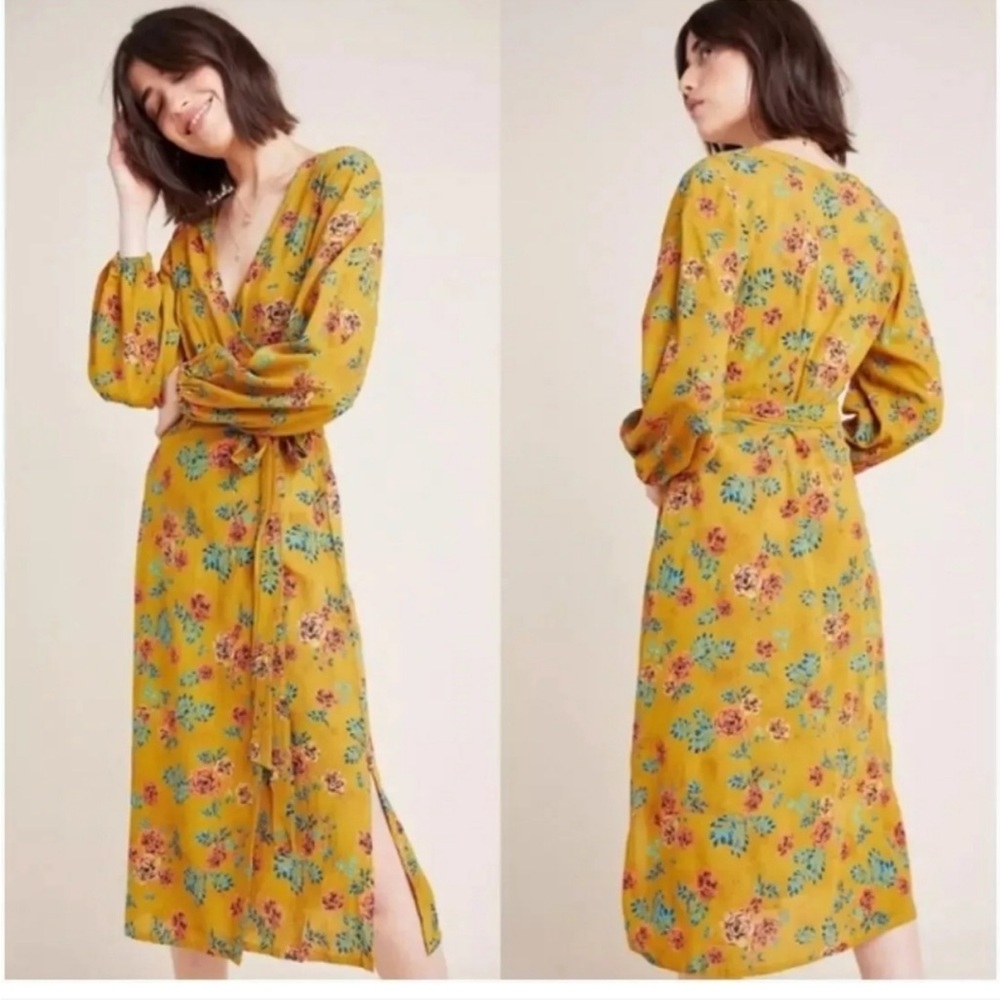 Anthropologie Floral Yellow Wrap Dress Preloved